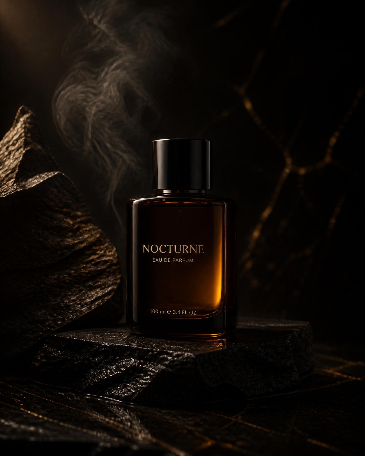 Amber glass flacon of Nocturne on black stone in low studio light
